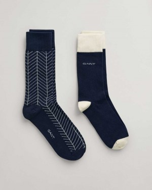 Gant 2-Pack Herringbone Patterned Men's Socks Evening Blue | QPKNR-7468