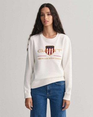 Gant Archive Shield Crew Neck Women's Sweater Beige White | EZCIS-9834