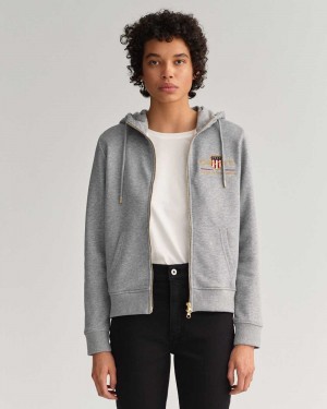 Gant Archive Shield Full-Zip Women's Hoodie Grey Melange | QNVXP-2491