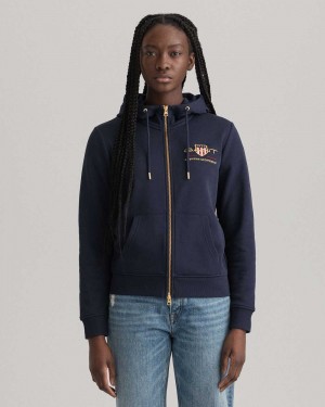 Gant Archive Shield Full-Zip Women's Hoodie Evening Blue | QLTJO-7958