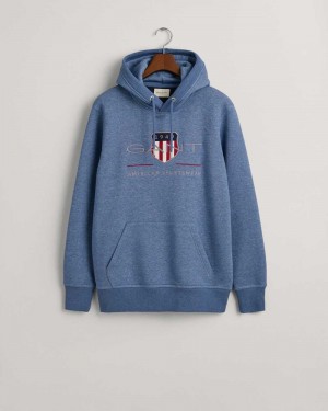 Gant Archive Shield Men's Hoodie Denim Blue Melange | SKXTH-9078