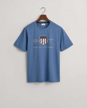 Gant Archive Shield Men's T-Shirt Denim Blue Melange | QBAUJ-1235