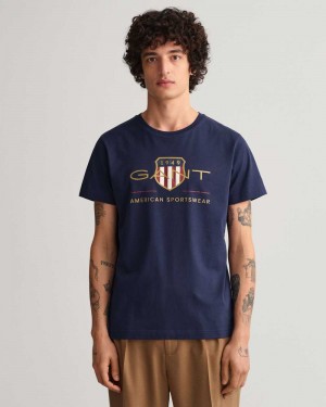 Gant Archive Shield Men's T-Shirt Evening Blue | YRNDP-3974