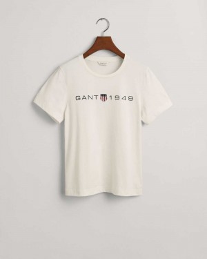 Gant Archive Shield Print Women's T-Shirt Beige White | IOKYJ-1049