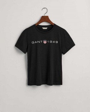 Gant Archive Shield Print Women's T-Shirt Black | FHZOU-0436