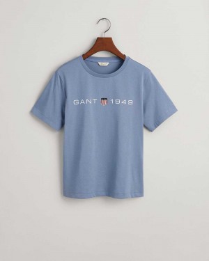 Gant Archive Shield Print Women's T-Shirt Blue Water | MPDZV-3415