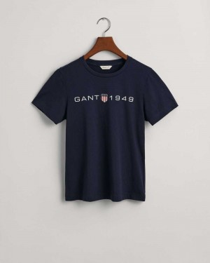 Gant Archive Shield Print Women's T-Shirt Evening Blue | EODYB-5721