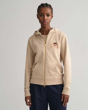 Gant Archive Shield Zip Women's Hoodie Dry Sand | AHRTE-4862