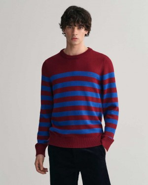 Gant Breton Striped Crew Neck Men's Sweater Plumped Red | LTBMP-5102