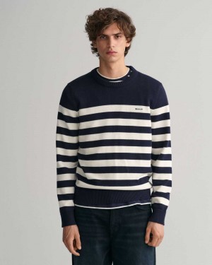 Gant Breton Striped Crew Neck Men's Sweater Evening Blue | BQASE-2459