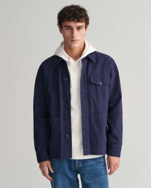 Gant Brushed Twill Over Men's Shirts Marine | CVUTJ-2670