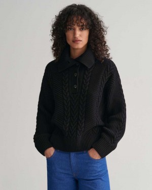 Gant Cable Knit Buttoned Turtleneck Women's Sweater Ebony Black | TXERY-0876