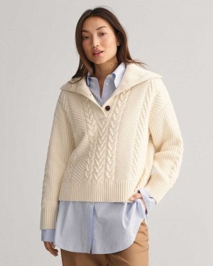 Gant Cable Knit Buttoned Turtleneck Women's Sweater Cream | RVHUM-3918