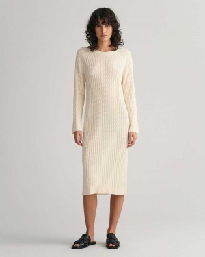 Gant Cable Knit Crew Neck Women's Dress Cream | AVFHR-2714