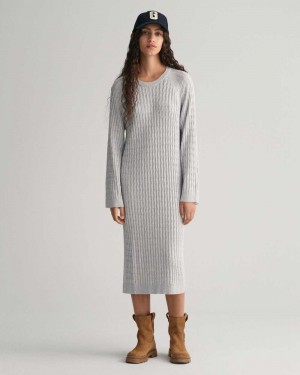 Gant Cable Knit Crew Neck Women's Dress Light Grey Melange | TBYWM-3702