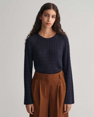 Gant Cable Knit Crew Neck Women's Sweater Evening Blue | ASCRY-1604