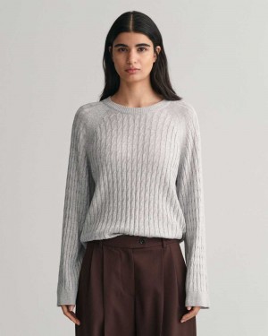 Gant Cable Knit Crew Neck Women's Sweater Light Grey Melange | PUEMJ-4673