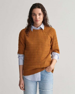 Gant Cable Knit Mid Sleeve Women's Sweater Cinnamon Brown | OTKHZ-8596