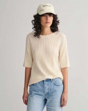 Gant Cable Knit Mid Sleeve Women's Sweater Cream | VCTGY-4793