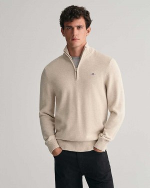 Gant Casual Cotton Half-Zip Men's Sweater Light Beige Melange | GJOTF-7892