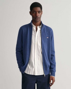 Gant Casual Cotton Zip Men's Cardigan Blue Melange | FWEKR-6321