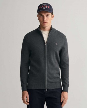 Gant Casual Cotton Zip Men's Cardigan Dark Grey | OJSZW-0673