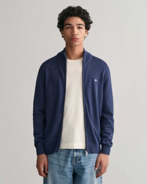 Gant Casual Cotton Zip Men's Cardigan Marine Melange | HXAUG-1847