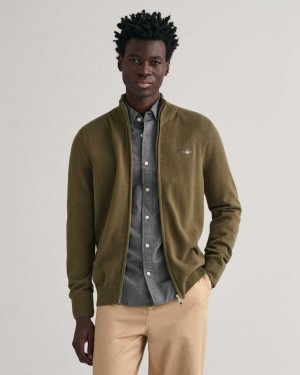 Gant Casual Cotton Zip Men's Cardigan Racing Green | OKVNW-9842