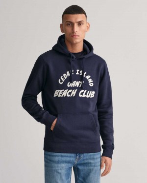 Gant Cedar Graphic Men's Hoodie Evening Blue | ICHSF-2731