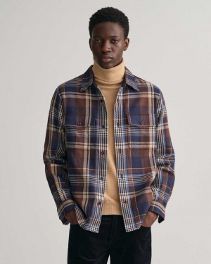 Gant Checked Heavy Twill Over Men's Shirts Marine | IYWRQ-4856