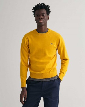 Gant Classic Cotton Crew Neck Men's Sweater Dark Mustard Yellow | AJGVH-8674