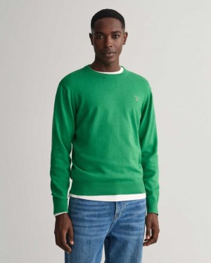 Gant Classic Cotton Crew Neck Men's Sweater Mid Green Melange | VMRFX-3971