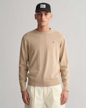 Gant Classic Cotton Crew Neck Men's Sweater Sand Melange | HTKUF-5198