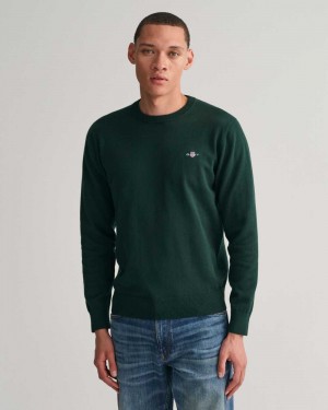 Gant Classic Cotton Crew Neck Men's Sweater Tartan Green | ARVPF-0496