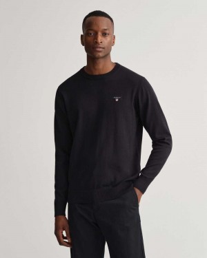 Gant Classic Cotton Crew Neck Men's Sweater Black | SFPMX-8249