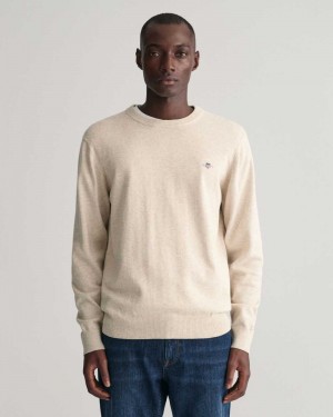 Gant Classic Cotton Crew Neck Men's Sweater Light Beige Melange | CLSPD-8061