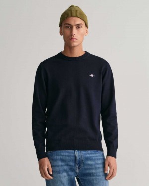 Gant Classic Cotton Crew Neck Men's Sweater Evening Blue | XZIUW-6412