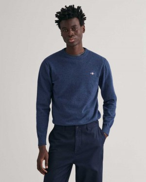 Gant Classic Cotton Crew Neck Men's Sweater Blue Melange | NICQR-7416