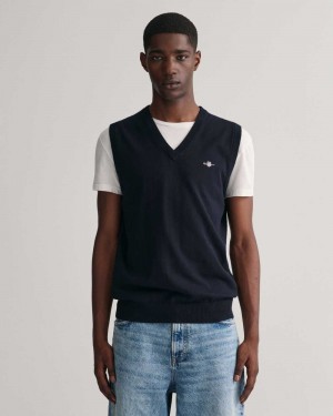 Gant Classic Cotton Men's Vest Evening Blue | FGDPB-9375