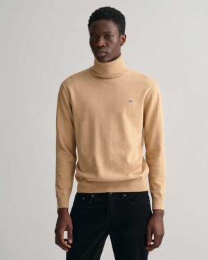 Gant Classic Cotton Turtleneck Men's Sweater Khaki Melange | CWXOQ-8203