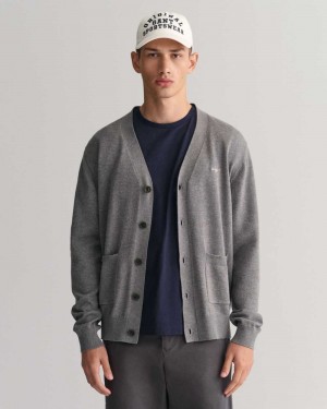 Gant Classic Cotton V-Neck Men's Cardigan Dark Grey Melange | RHTOB-6321