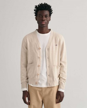 Gant Classic Cotton V-Neck Men's Cardigan Light Beige Melange | MYLVR-3689