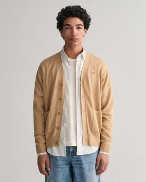 Gant Classic Cotton V-Neck Men's Cardigan Khaki Melange | VSTWD-4198