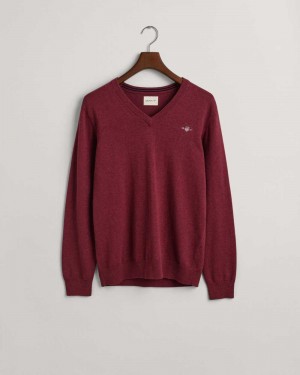 Gant Classic Cotton V-Neck Men's Sweater Bordeaux Melange | PVUKE-2641