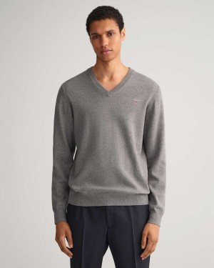 Gant Classic Cotton V-Neck Men's Sweater Dark Grey Melange | AJLXR-1789