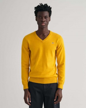 Gant Classic Cotton V-Neck Men's Sweater Dark Mustard Yellow | HNUMX-8453