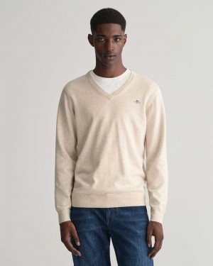 Gant Classic Cotton V-Neck Men's Sweater Light Beige Melange | AHGSJ-1263