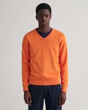 Gant Classic Cotton V-Neck Men's Sweater Pumpkin Orange | AYSKN-4987