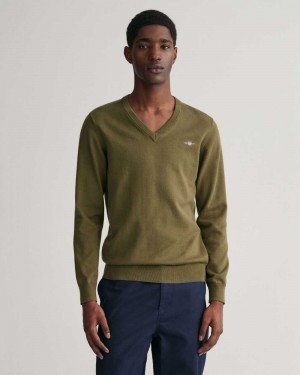 Gant Classic Cotton V-Neck Men's Sweater Racing Green | PZKIR-8135