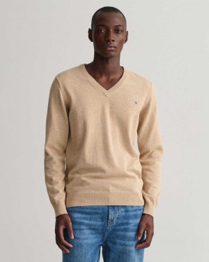 Gant Classic Cotton V-Neck Men's Sweater Sand Melange | ZXLQV-3462